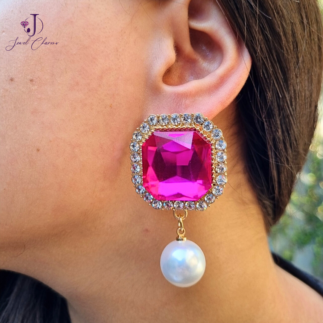 Premium Dark Pink Mega Pearl Rhombus Dangles JCEC 61