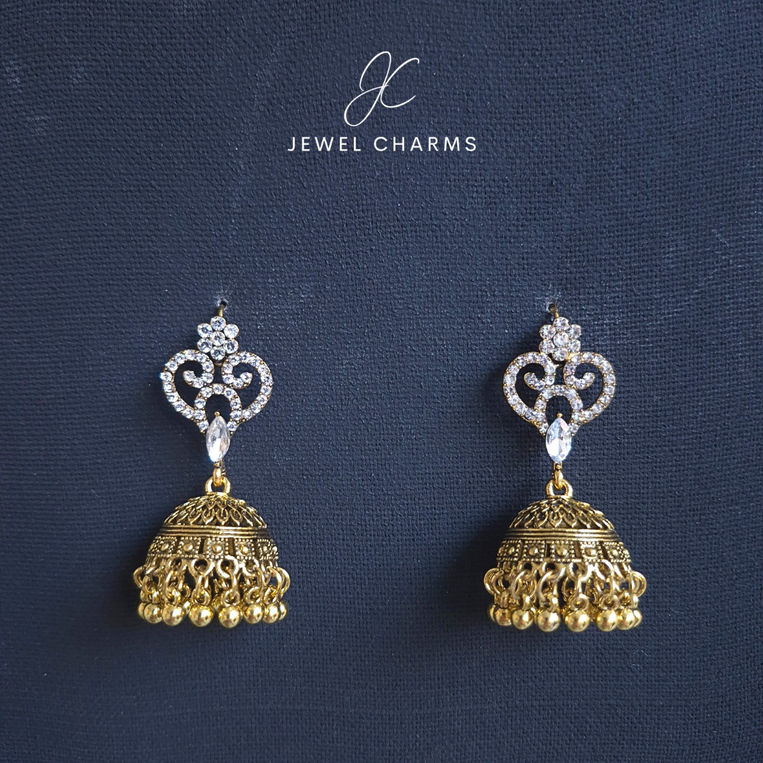 Jc 222 Golden Antique Heart Jhumki with Crystal Gems