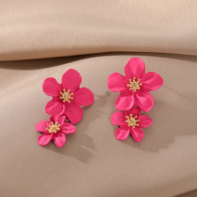 Double Metallic pink Flower Earrings