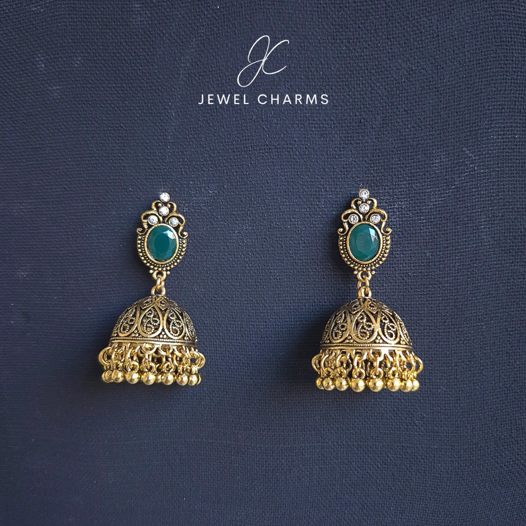 Jc 226 Golden Antique Jhumki with Green Stone