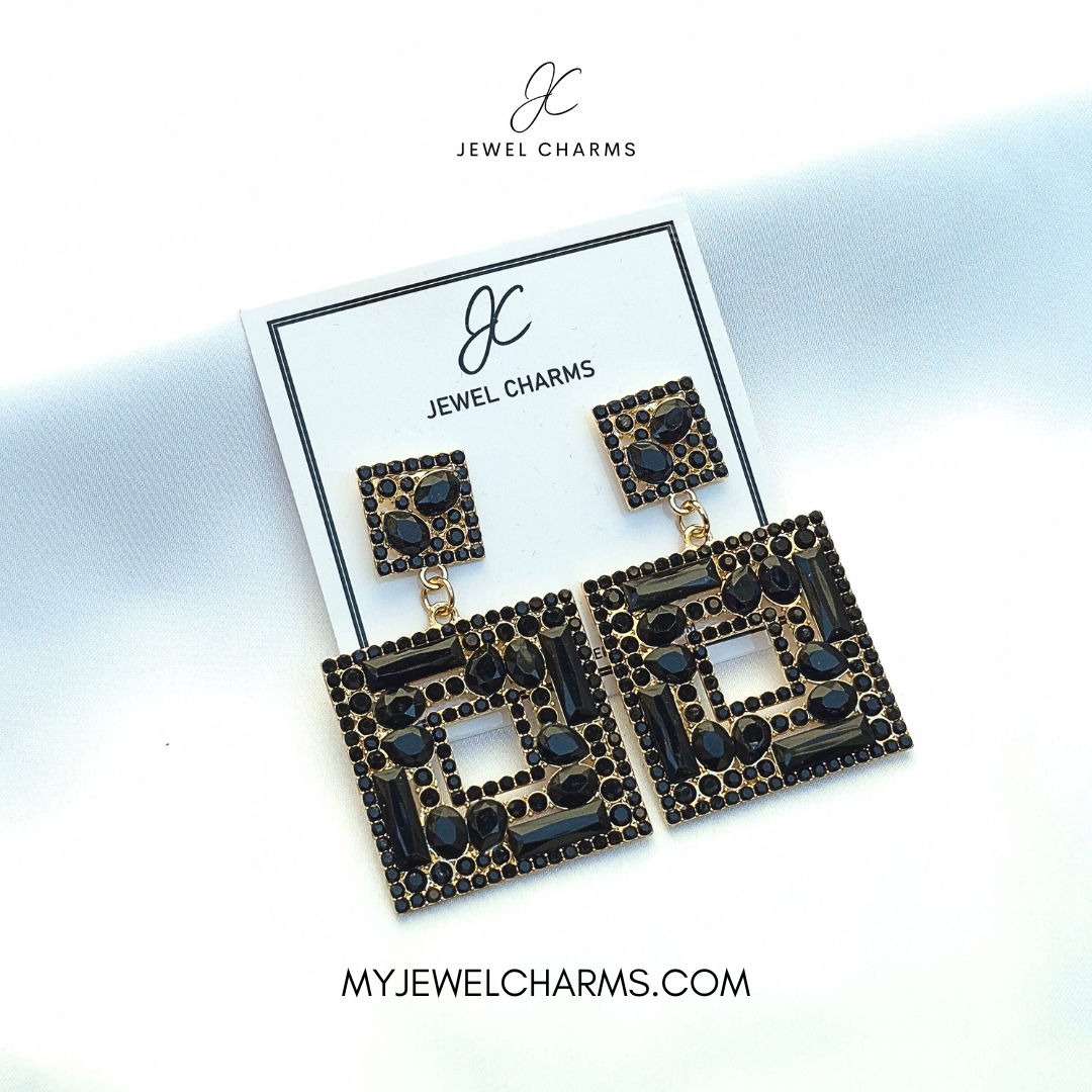 Black Golden Square Dangle Earrings