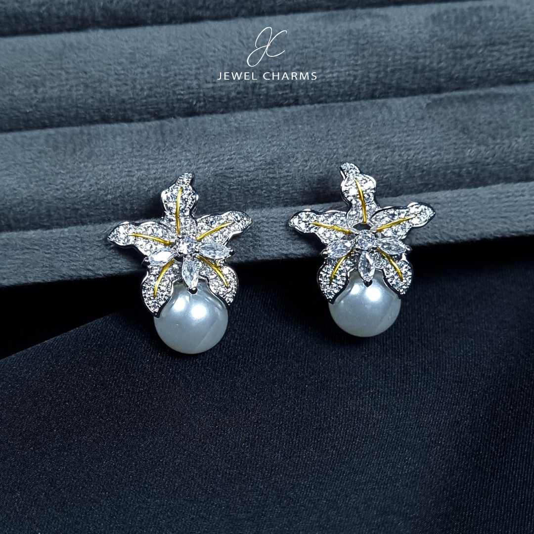 Golden lined Silver Zircon Pearl Flower Earrings JCEC 139