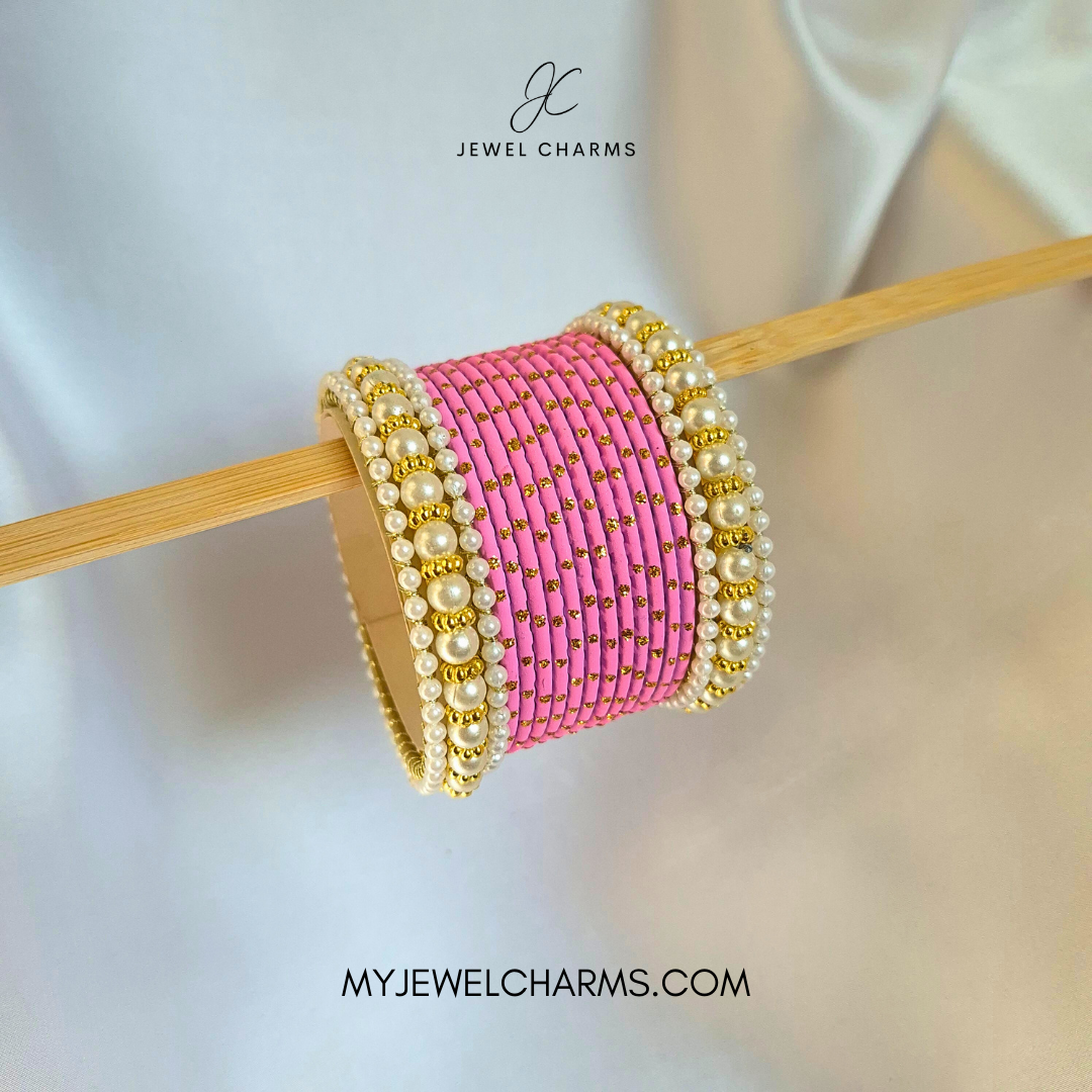Light Pink Golden Dotted Mughal Pearl Bangles
