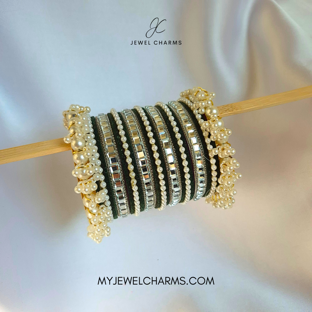 Dark Green Tetra Silver Karra Bangles Set