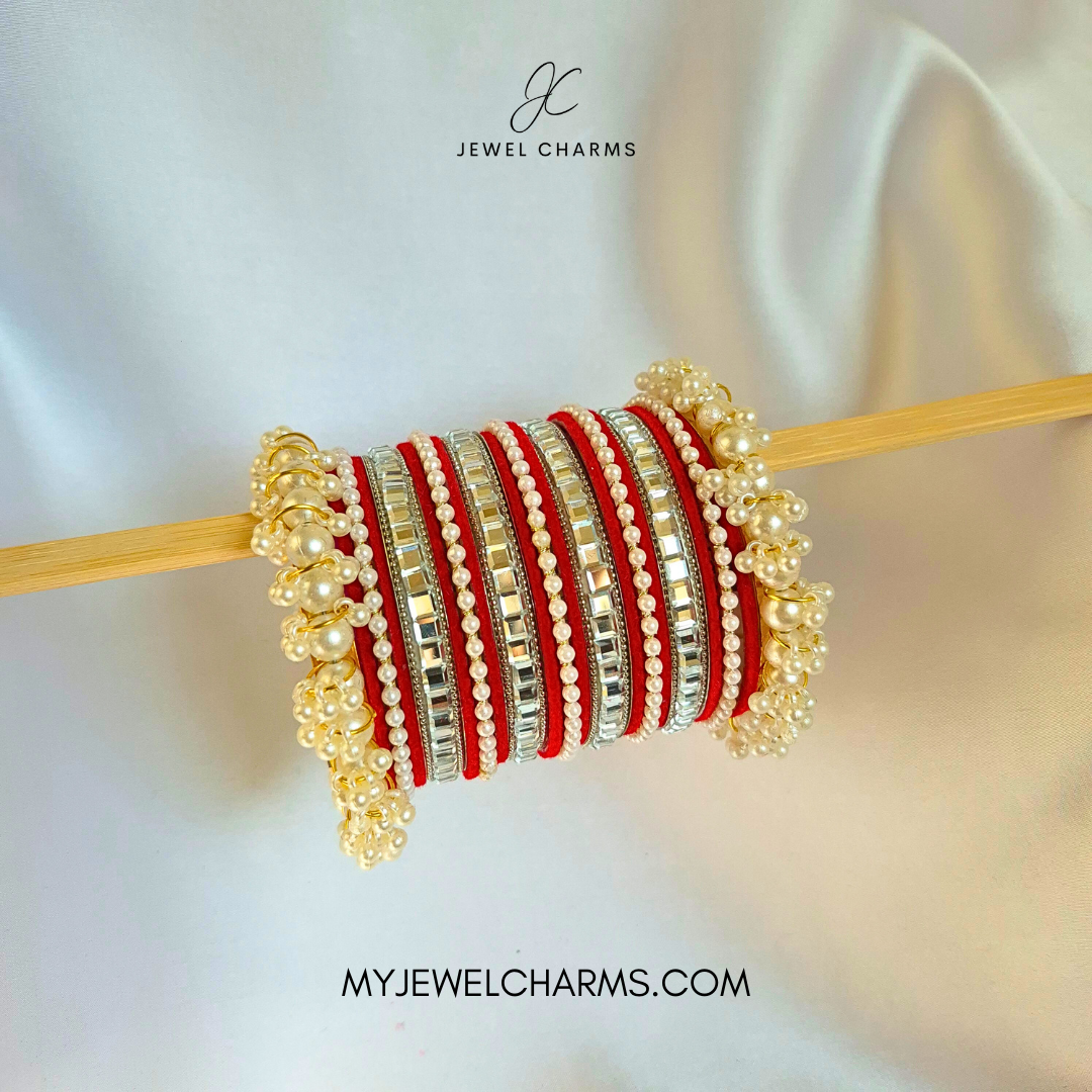 Red Tetra Silver Karra Bangles Set