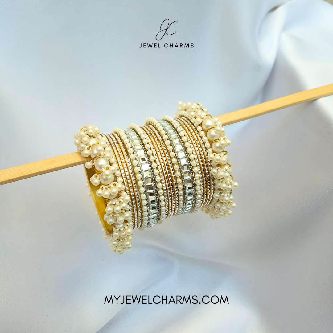 Double SIlver Karra Pearl Bangles Set