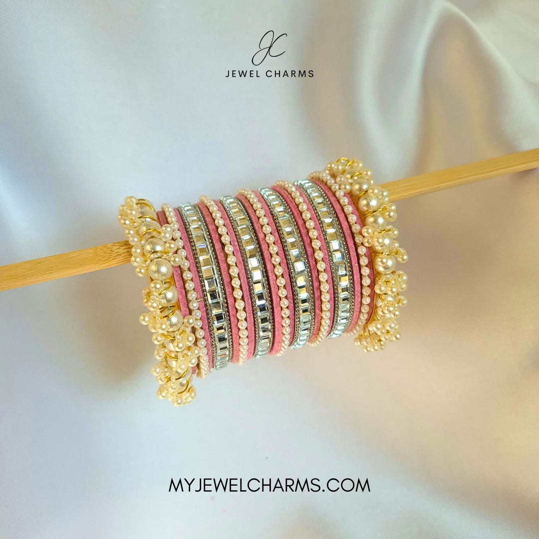 Baby Pink Tetra Silver Karra Bangles Set