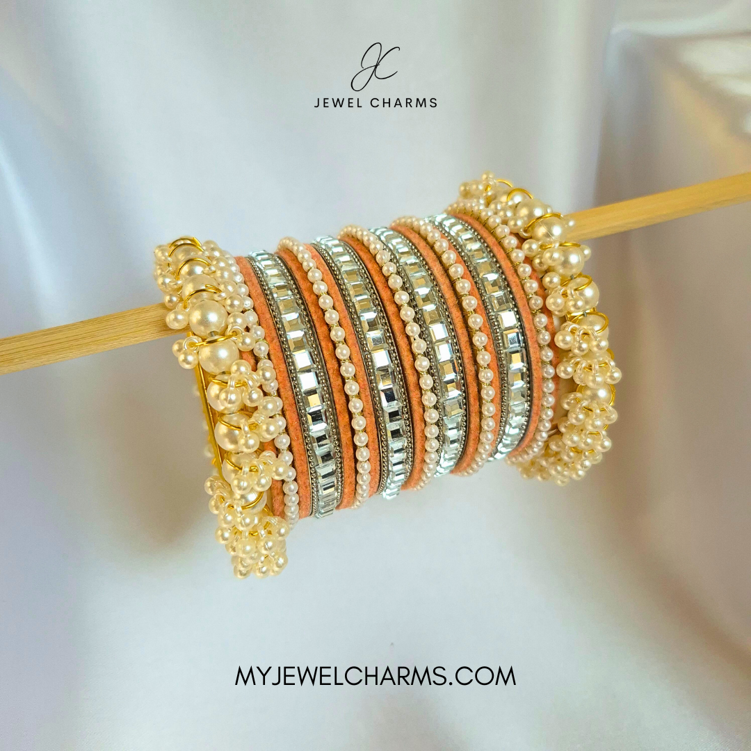 Peach Tetra Silver Karra Bangles Set