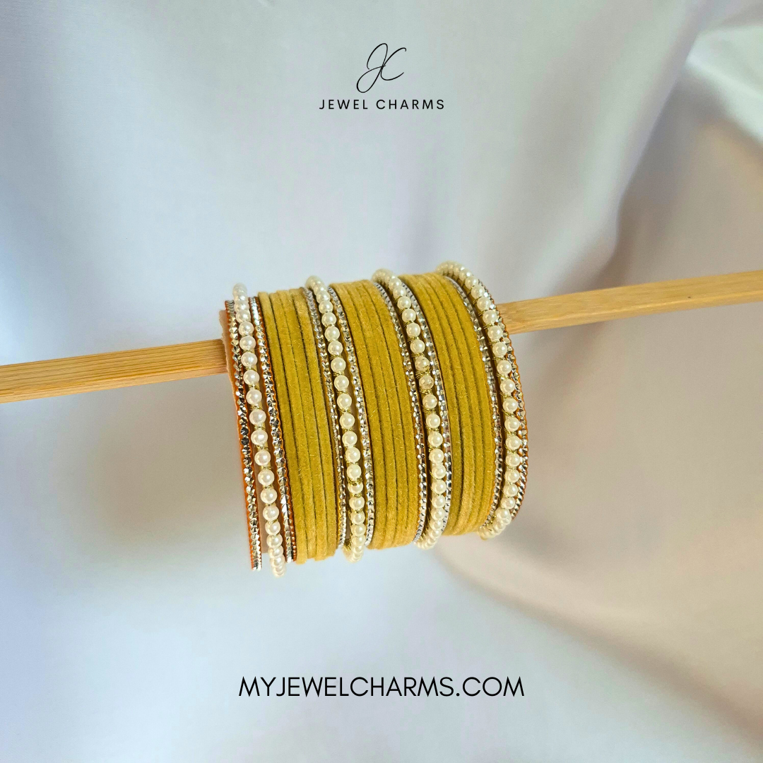 Yellow Tri Pearl Karra Bangles Set