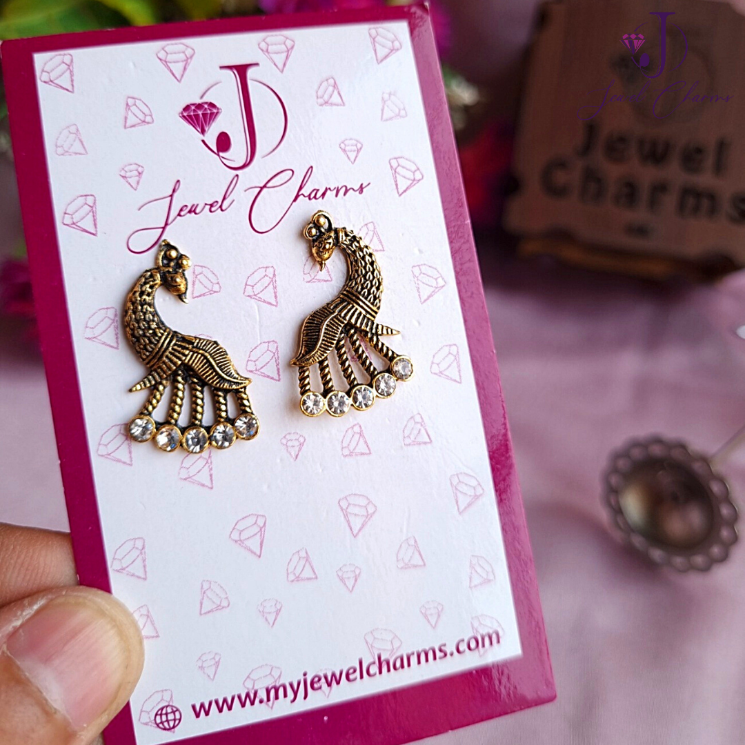 Royal Textured Peacock Earrings Small Gems Antique Golden