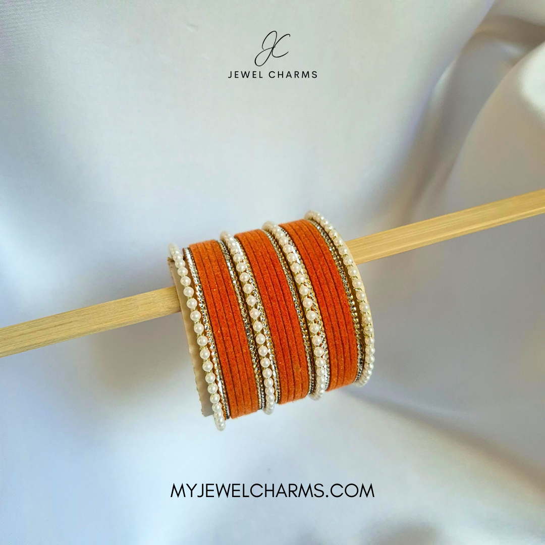 Orange Tri Pearl Karra Bangles Set
