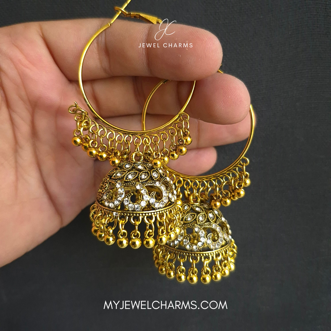 Jcec 324 Crystal Gems Antique Golden Baali Jhumka