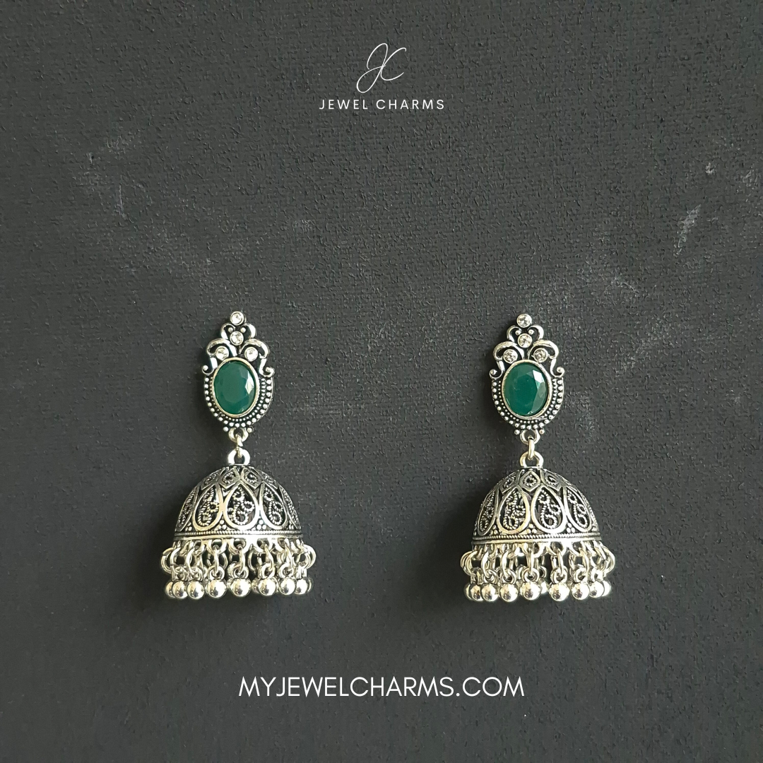 Green Silver Antique Mughal Jhumki