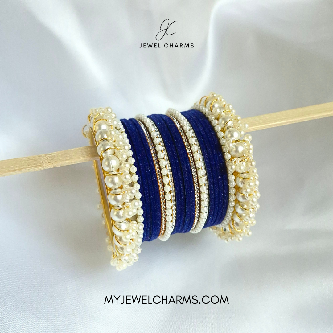Royal Blue Silver Karra Tetra Gajra Bangles Set