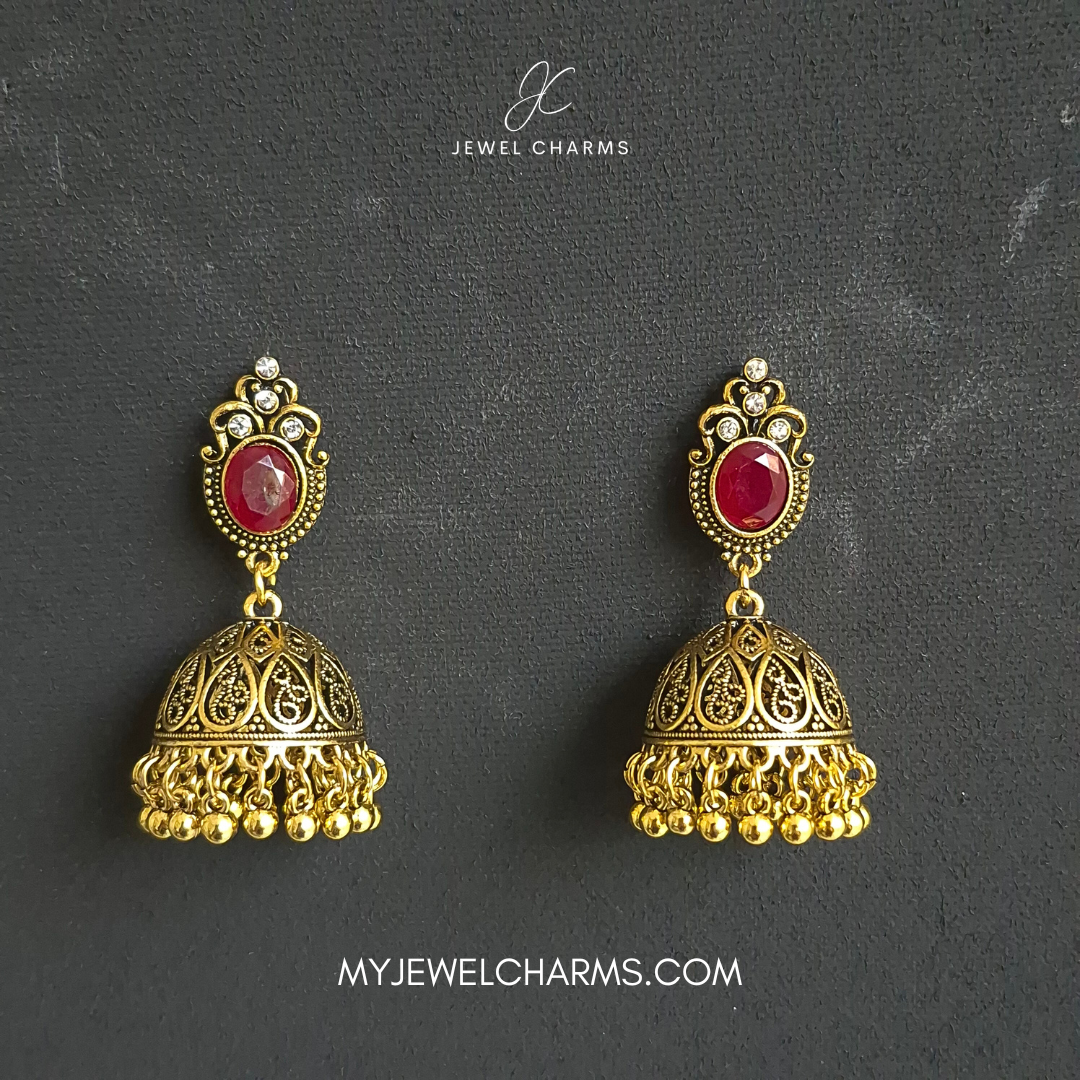 Red Mughal Antique Gold Jhumki