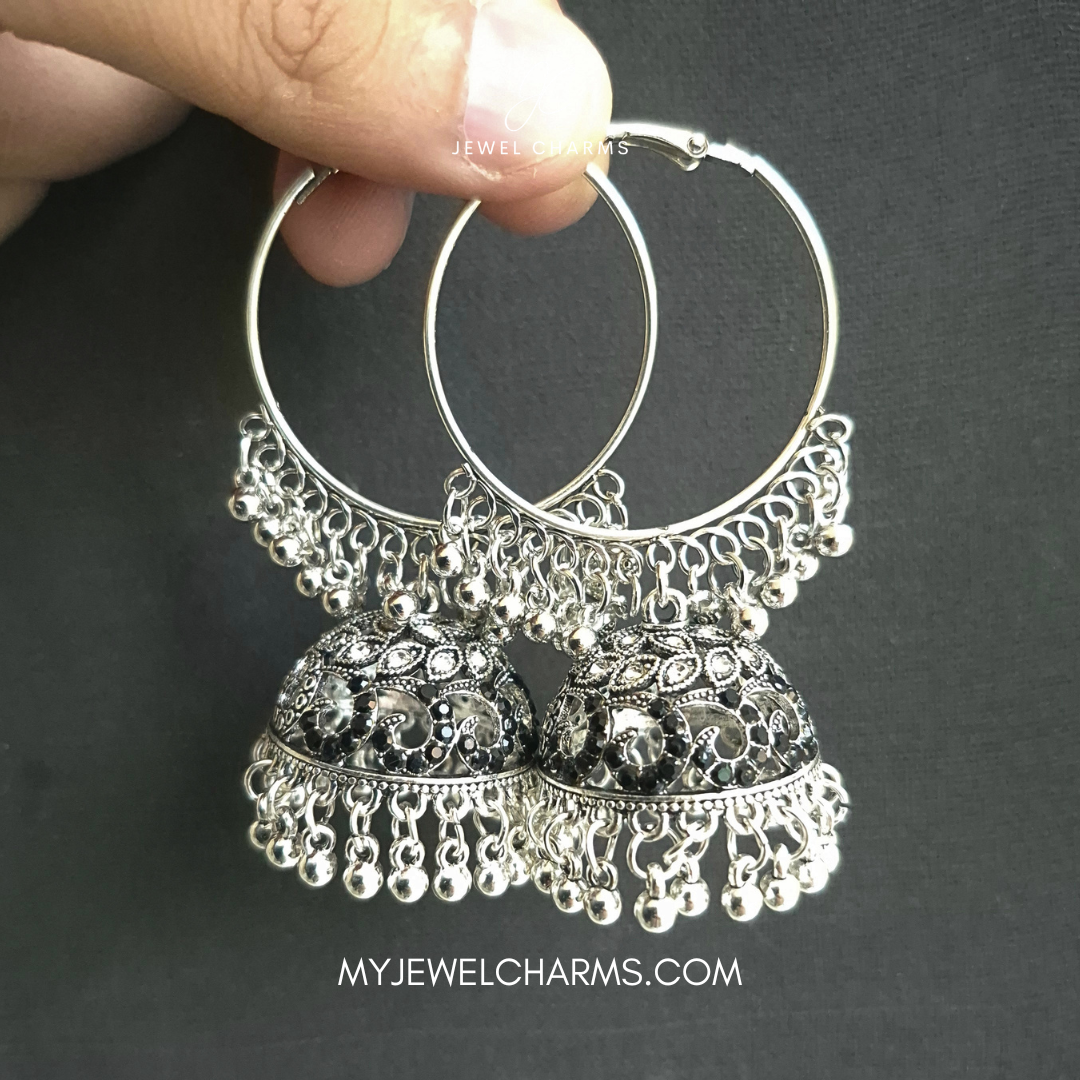 Jcec 323 Black Gems Silver Antique Baali Jhumka