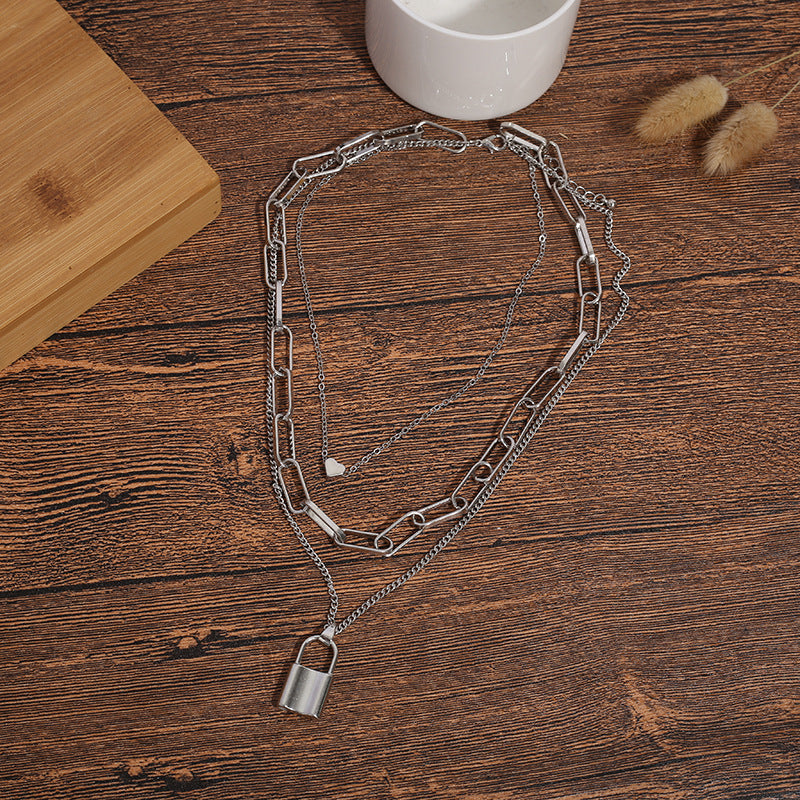 Silver Lock Necklace Set layered