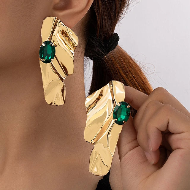 Premium Green GemStone Abstract Golden Plate Earrings