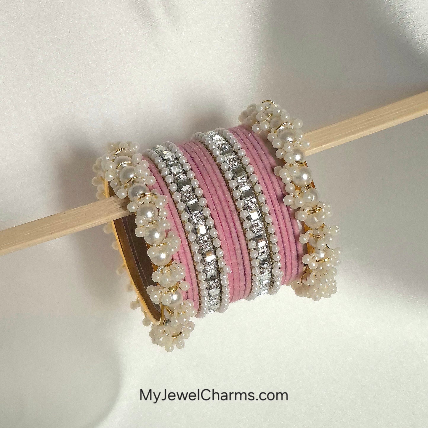 Pink velvet silver double karra gajra bangles