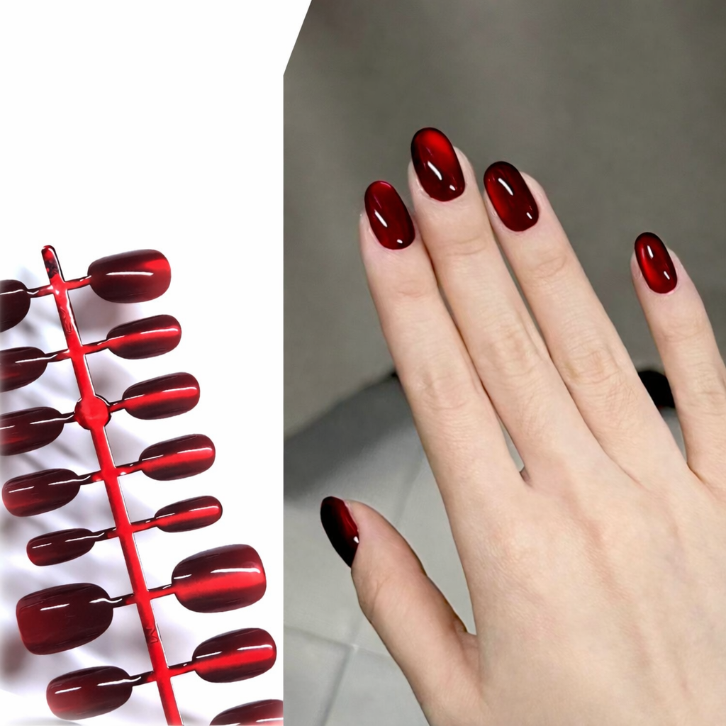 JC110 Red Cat-Eye Short Length – 24 Nails Pack with Free Nail Kit