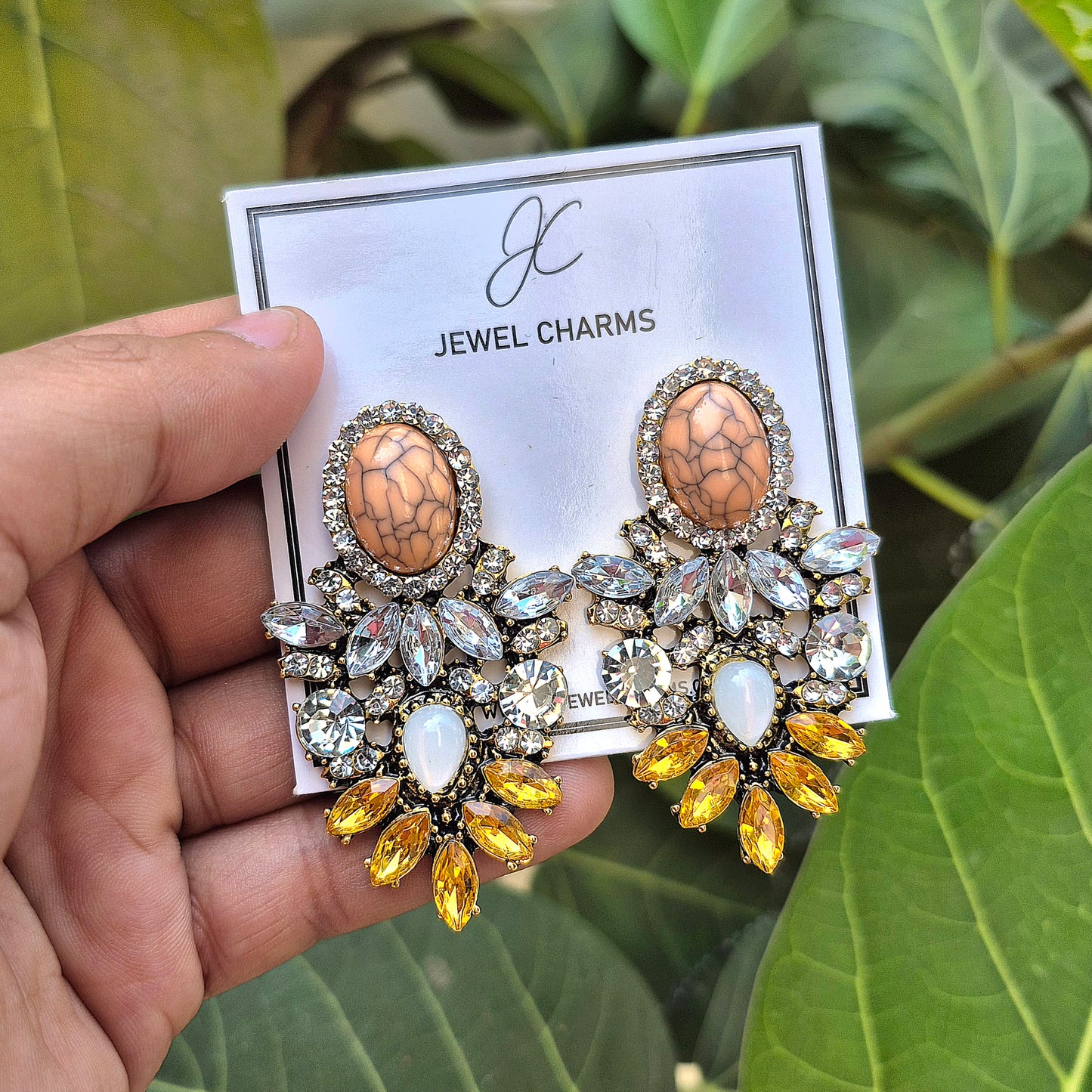 Peach Big stone Crystal champagne Flower Drop Rhinestone Earrings JCEC 45