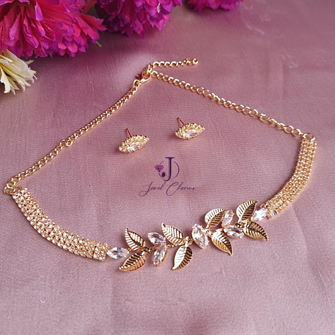 Chic Leaf Stainless Steel Crystal Choker And Earrings Set