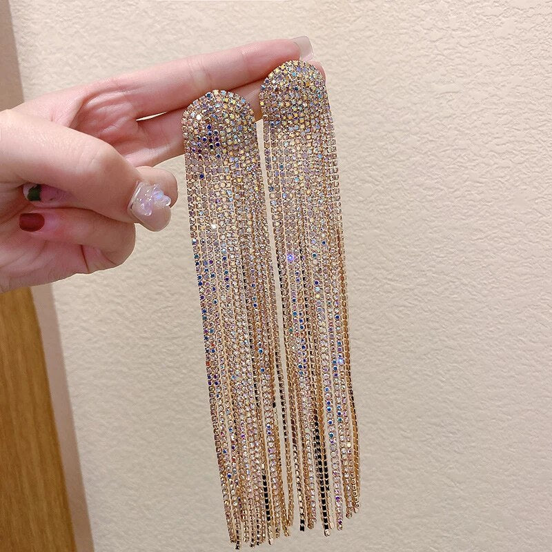Golden Round Long Fringe Rhinestone Dangles JCEC 40