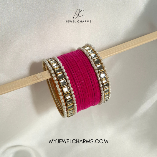 Dark Pink double square karra velvet bangles choorian set