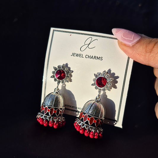 Silver red gem handpainted jhumki