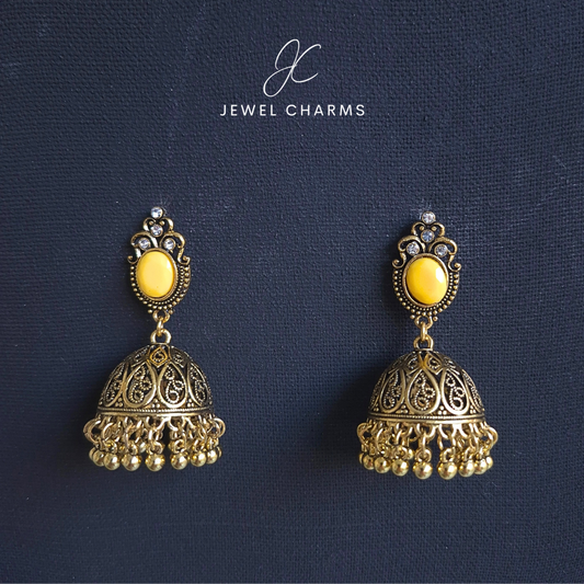 Jc 221 Golden Antique Jhumka with Yellow Stone