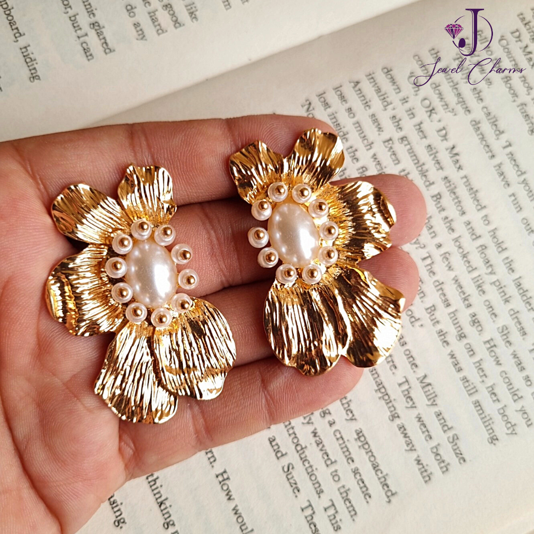 Golden Pearl Statement flower earrings