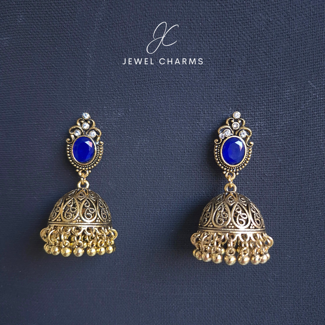 Jc 223 Golden Antique Jhumka with Navy Blue Gem Stone