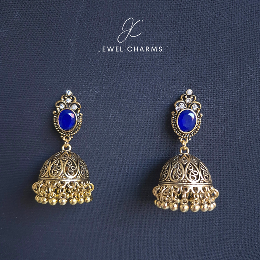 Jc 223 Golden Antique Jhumka with Navy Blue Gem Stone