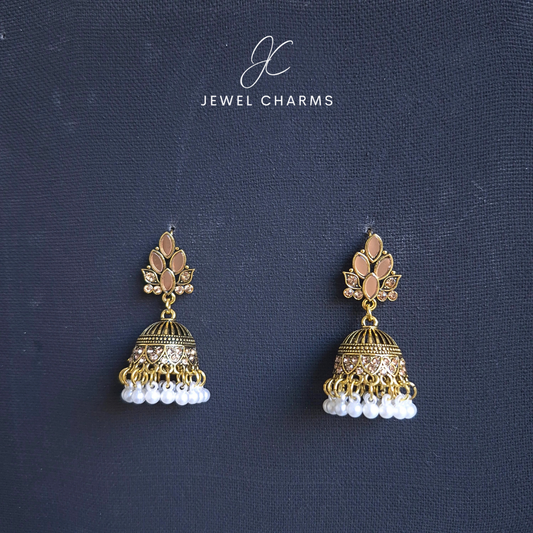 Jc 225 Golden Antique Tetra Sheesha Jhumki with white pearls
