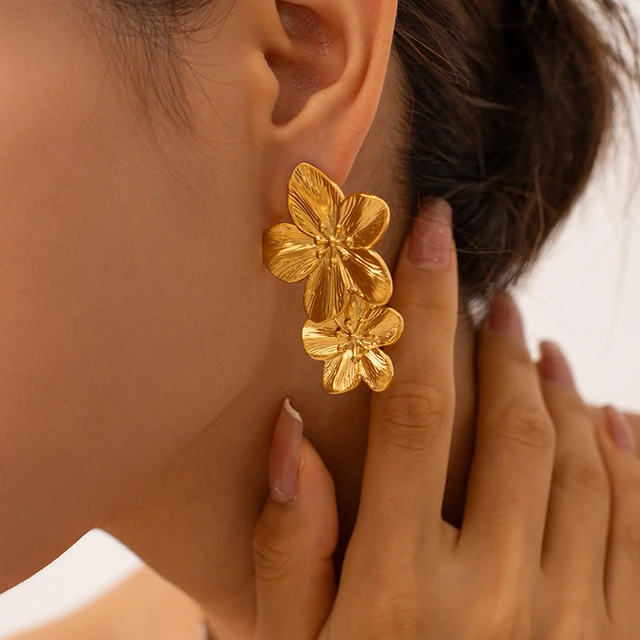Double Metallic Golden Flower Earrings