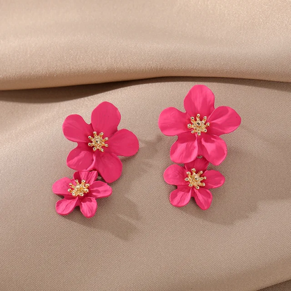 Double Metallic pink Flower Earrings