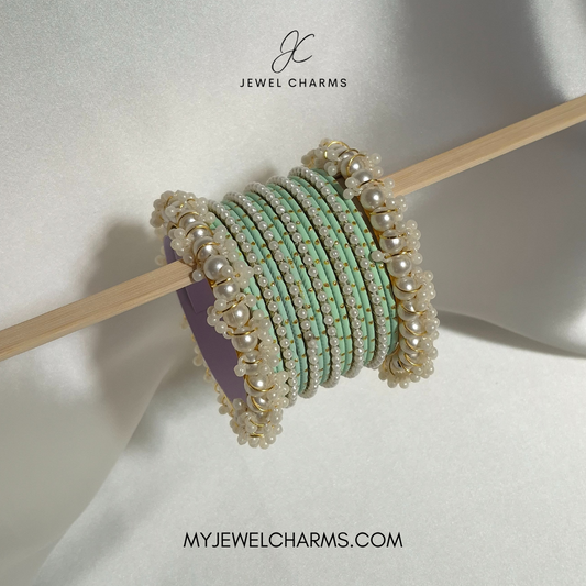 Sea green Double pearl dotted bangles choorian