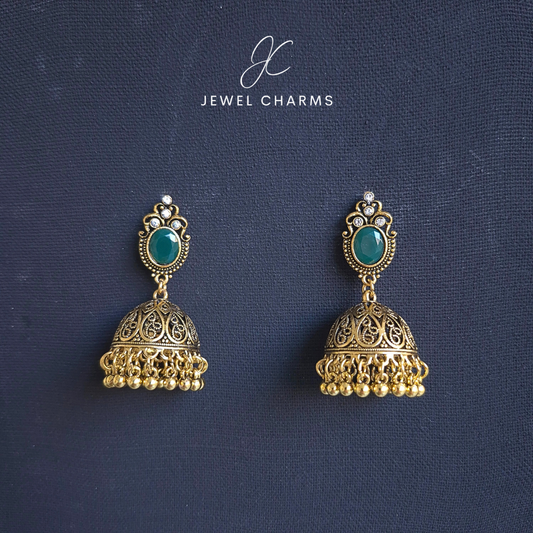 Jc 226 Golden Antique Jhumki with Green Stone