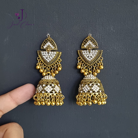 Golden Inverted Triangle Golden Jhumka with gems