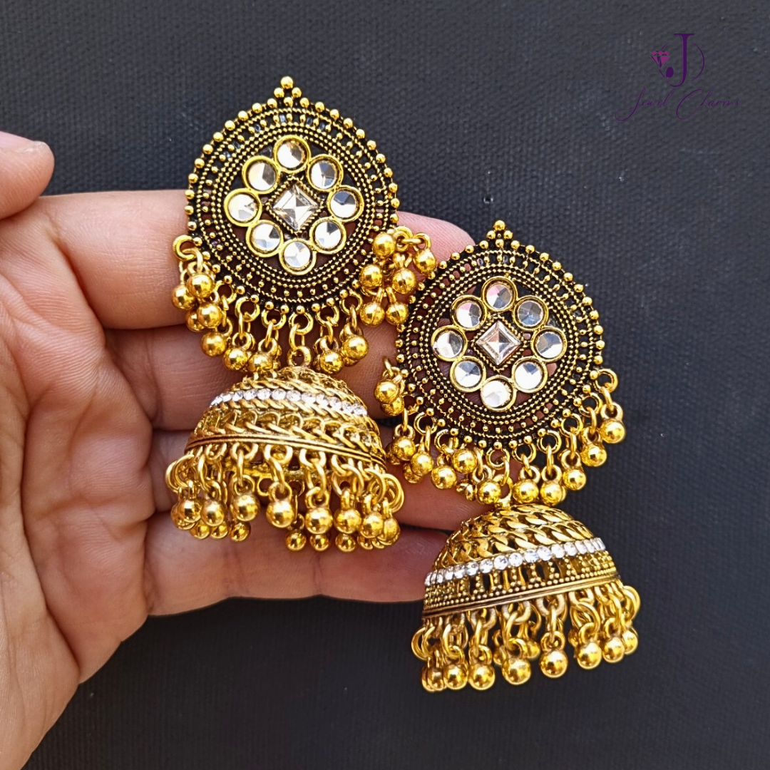 Golden Antuique 9 Petal Mughal Jhumka