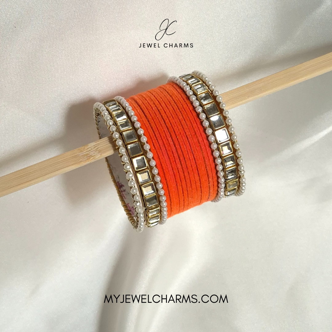 Orange double square karra velvet bangles choorian set