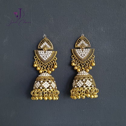 Golden Inverted Triangle Golden Jhumka with gems