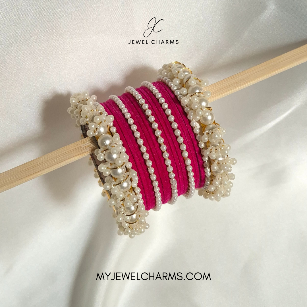 Dark pink Velvet penta pearl gajra bangles choorian set