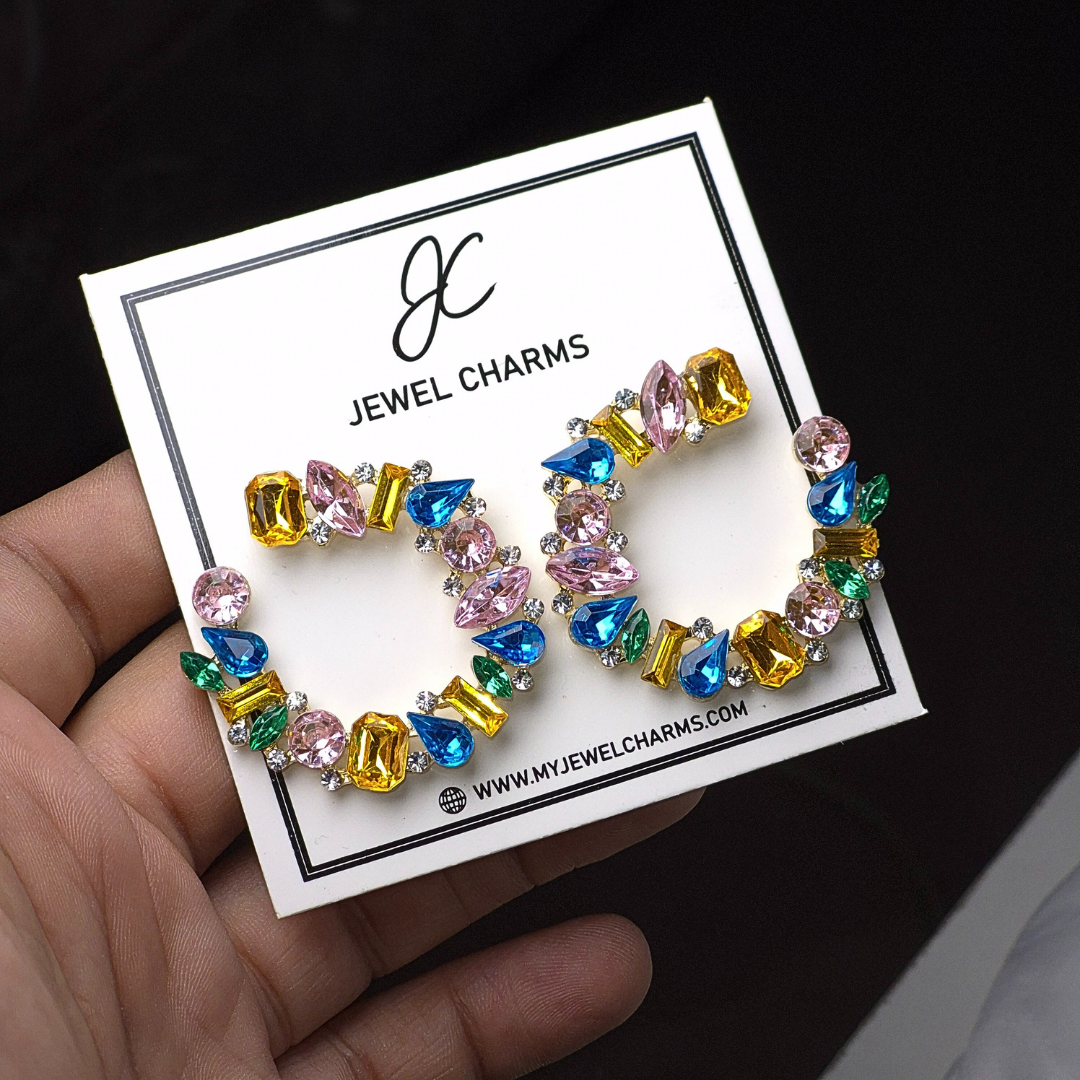 Jc 269 Multi Rugged Rhinestone Half Moon Hoops