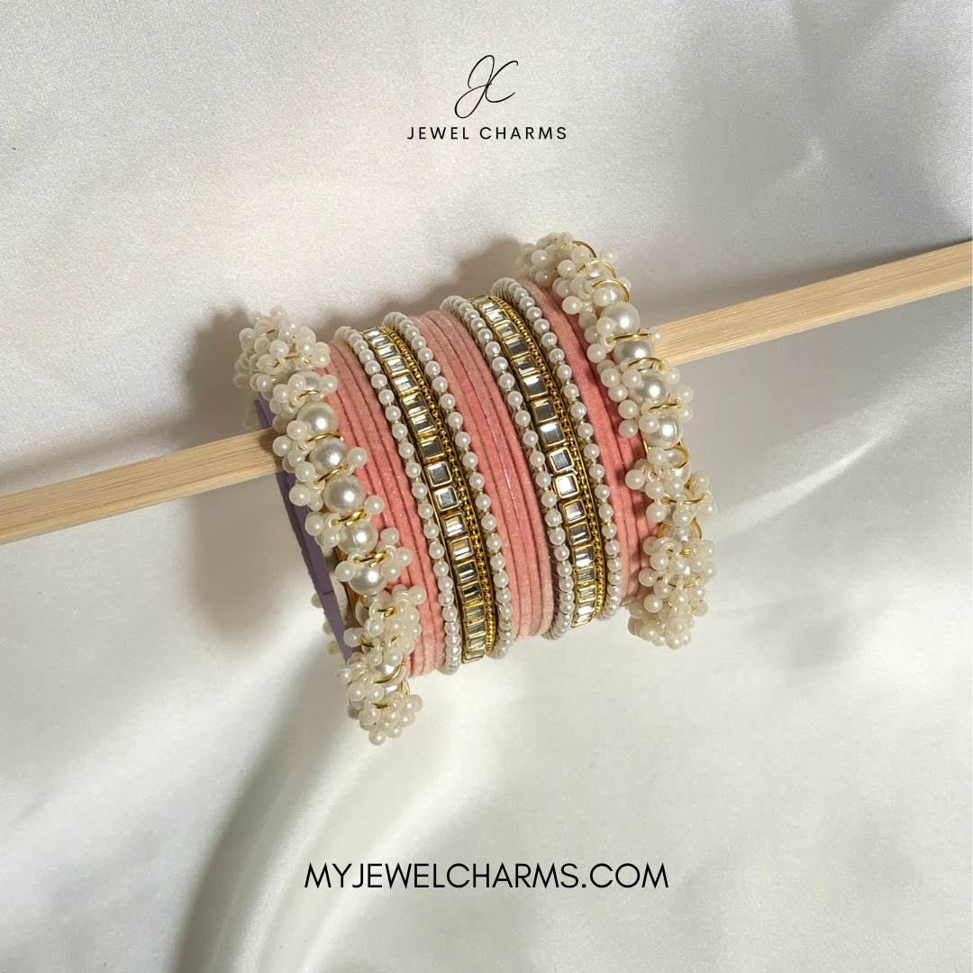 Baby Pink velvet Double square Karra gajra bangles choorian set