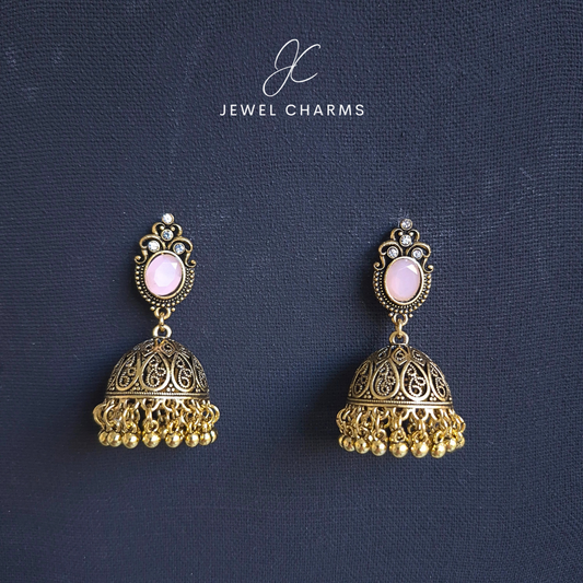 Jc 227 Golden Antique Jhumki with Baby Pink Stone