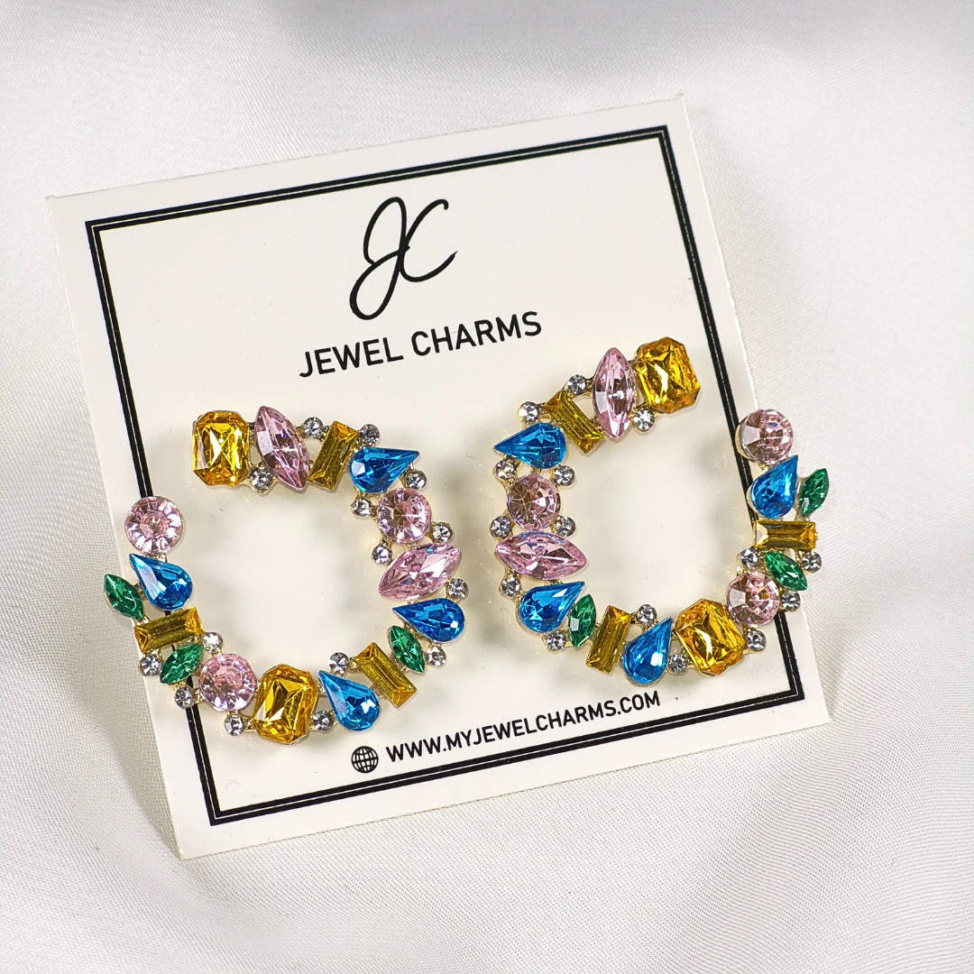 Jc 269 Multi Rugged Rhinestone Half Moon Hoops