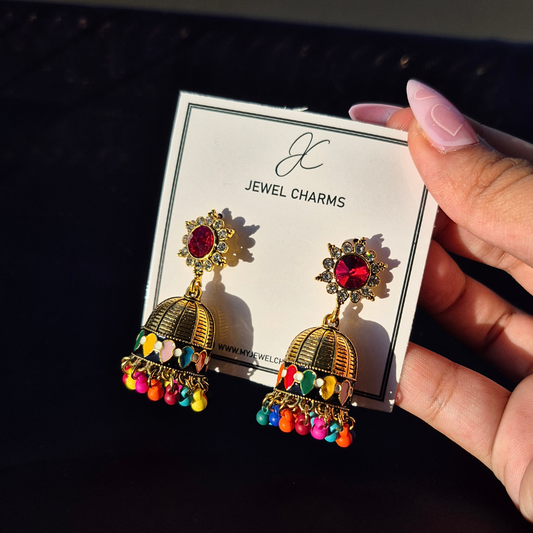 Golden red gem multi handpainted jhumkis