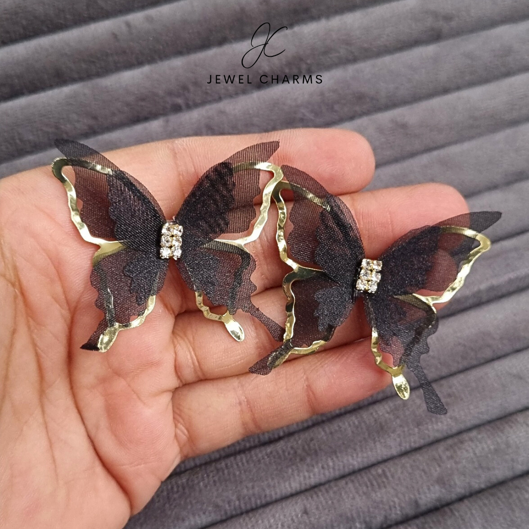 Black Net Butterfly Earrings Golden Base