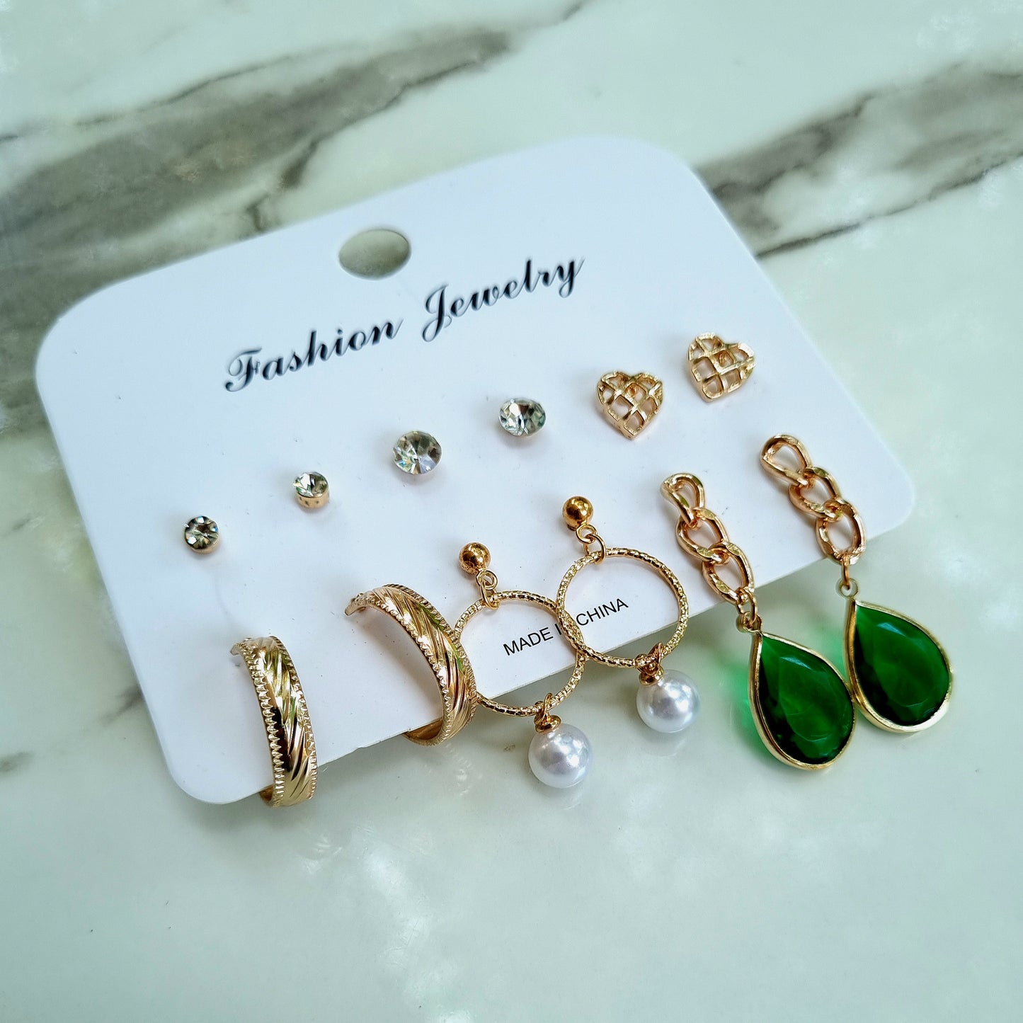 Emerald green gold base 6 pairs earrings pack